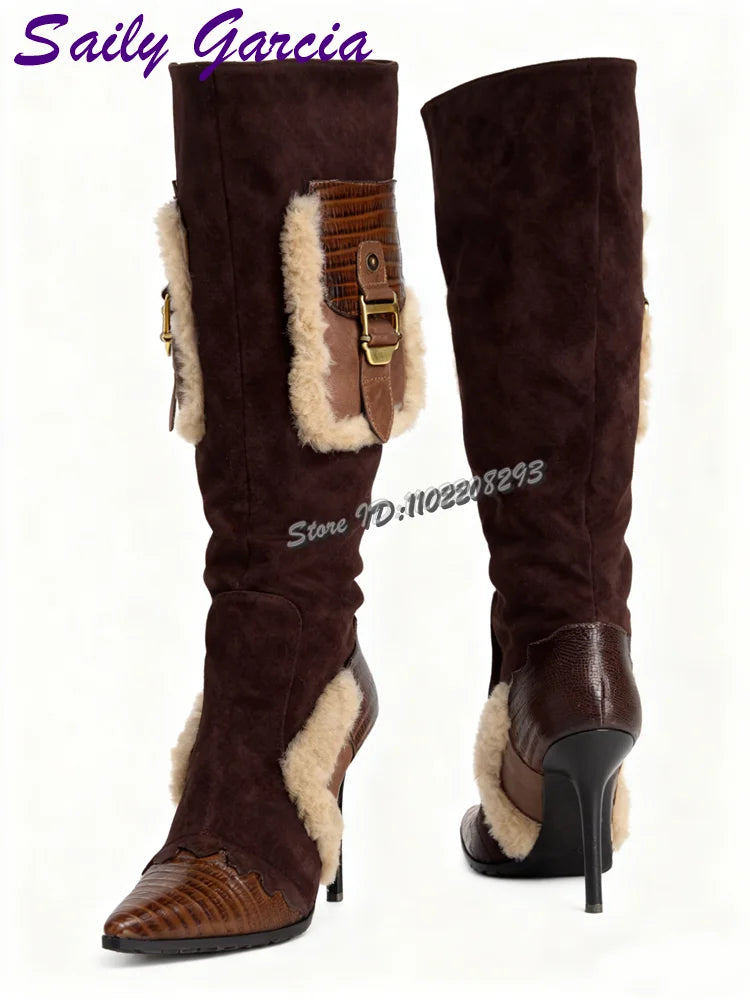 Saily Garcia Bottes Hautes Marron Patchwork Fourrure Bout Pointu Talon Aigu
