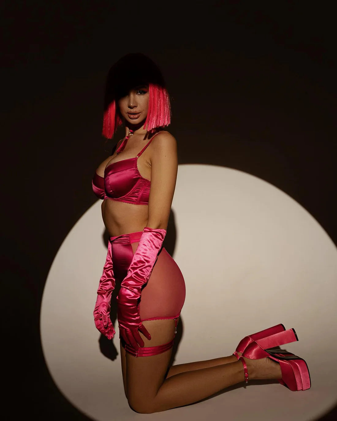 Ellolace Dessous-Set, feiner Satin und Spitze, Rot, 5-teilig