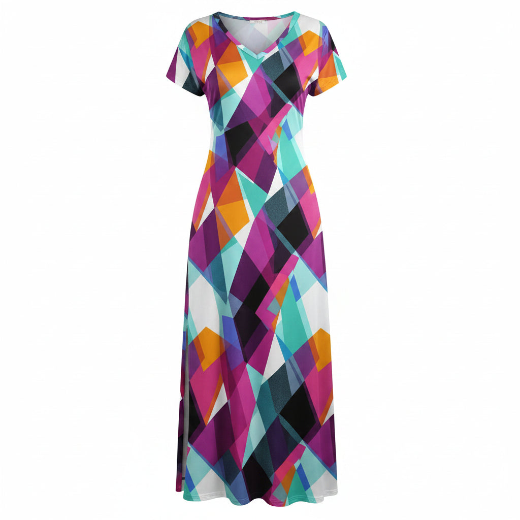 Women's Floral Summer Long Dress, V-Neck Short Sleeve Casual Beach Style with Side Slit