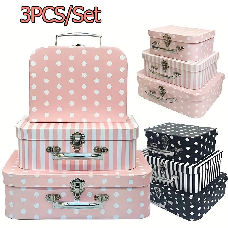 Coffret Cadeau Carton Vintage Pois et Rayures 3 Pièces