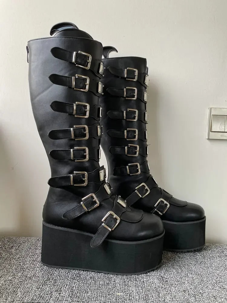Bottes Cosplay Gothiques En Cuir À Boucles Plateforme