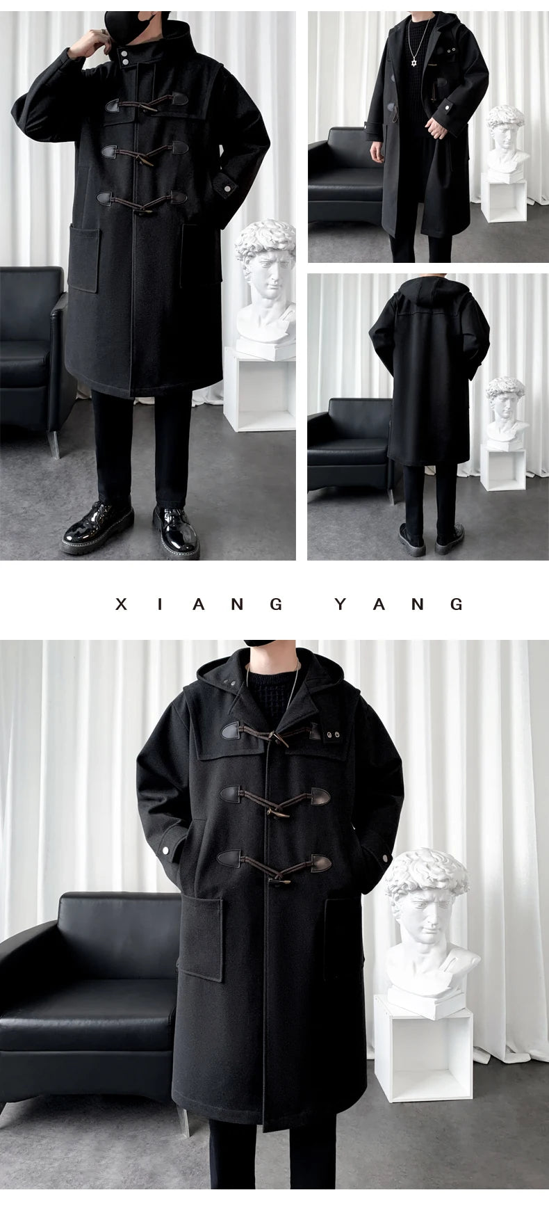 MISNIK Manteau Long Polyester Noir Café Fermeture Toggle