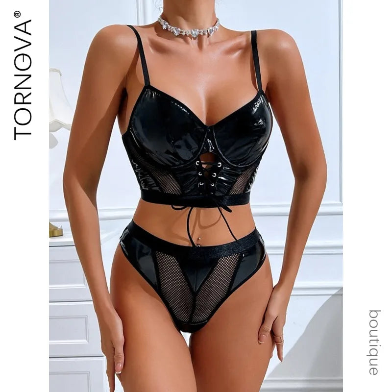 Tornova Lingerie Black Patchwork PU Lace-Up Bustier and Panties
