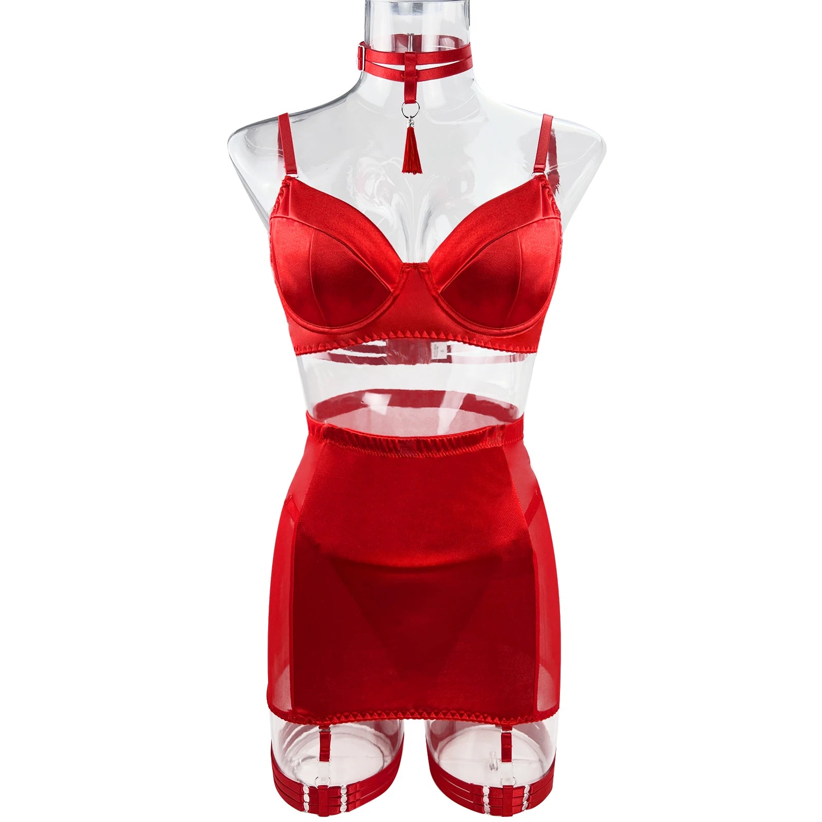Ellolace Dessous-Set, feiner Satin und Spitze, Rot, 5-teilig