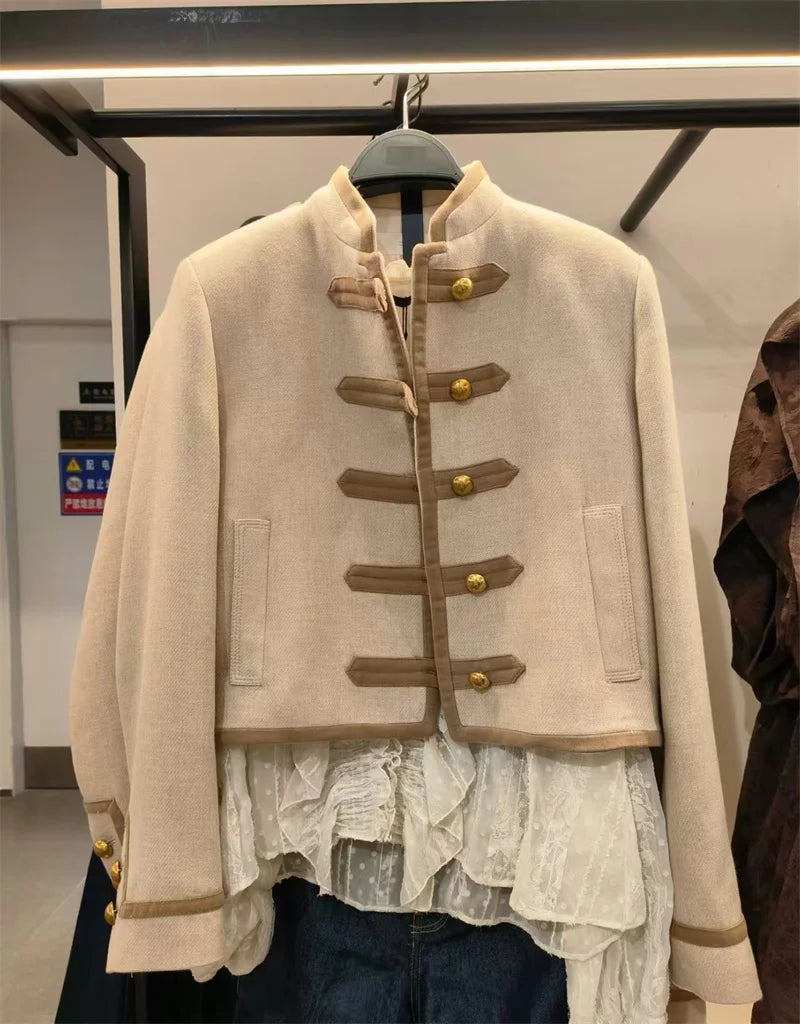 Guobioziy Veste Khaki Col Montant Napoléon Boutons