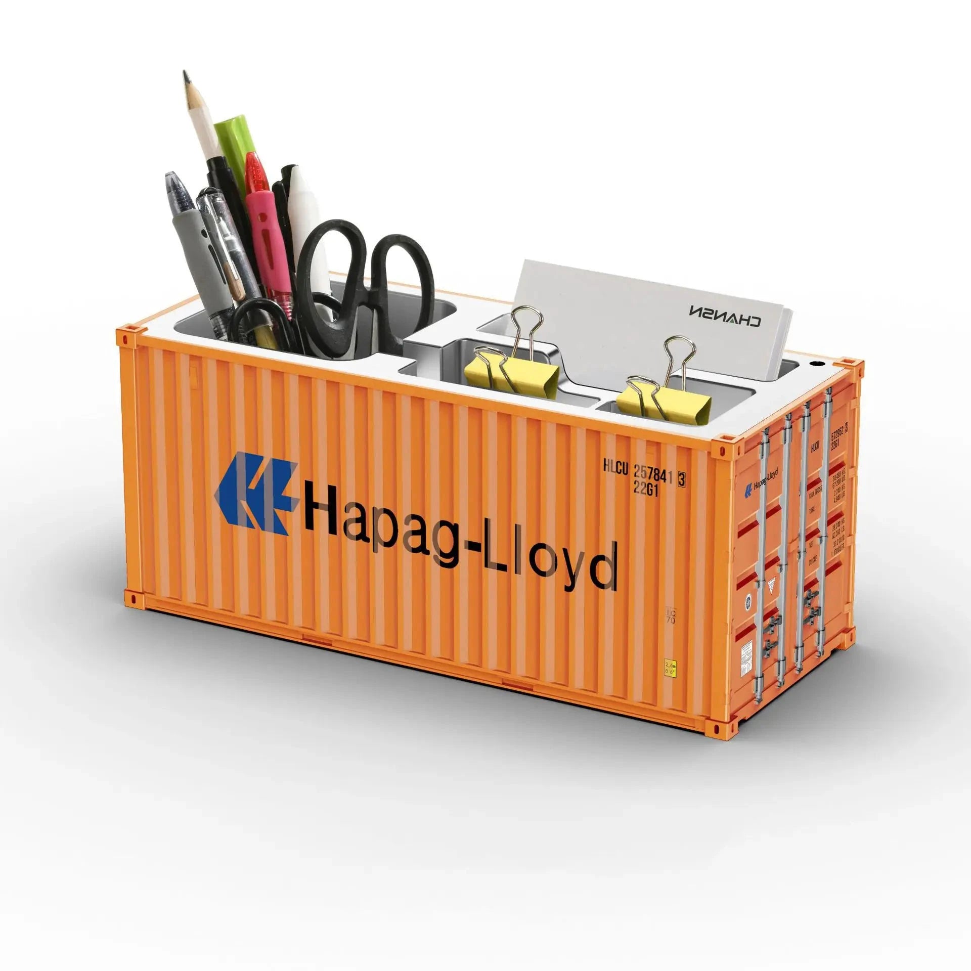 Organisateur de bureau porte-stylo orange en forme de conteneur maritime avec logo Hapag-Lloyd