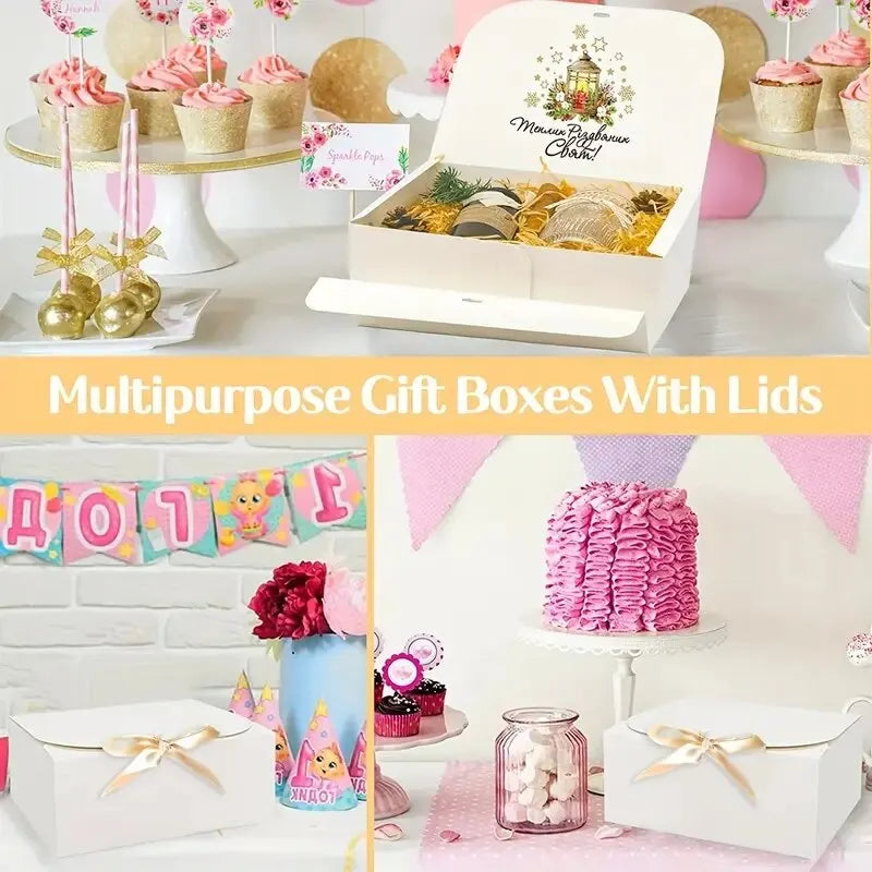 Large White Cardboard Box with Bow, Set of 3 Pieces