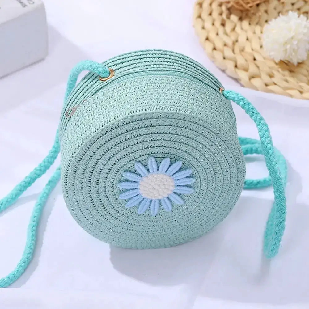 Sac à main rond en paille tressée – Motifs bonbons – Bandoulière fait main