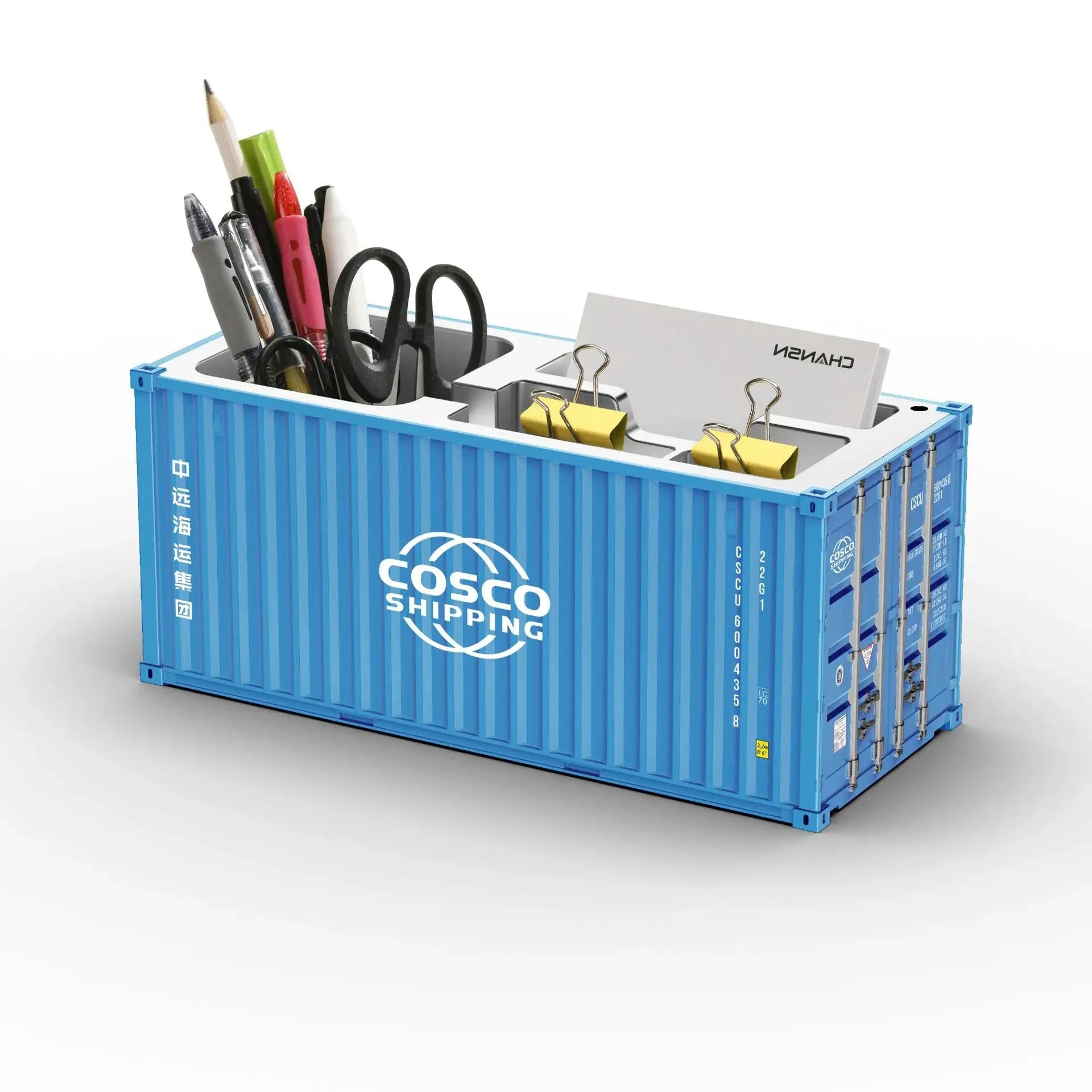 Porte-stylos en forme de conteneur maritime bleu, organisateur de bureau avec stylos et accessoires, logo COSCO SHIPPING.