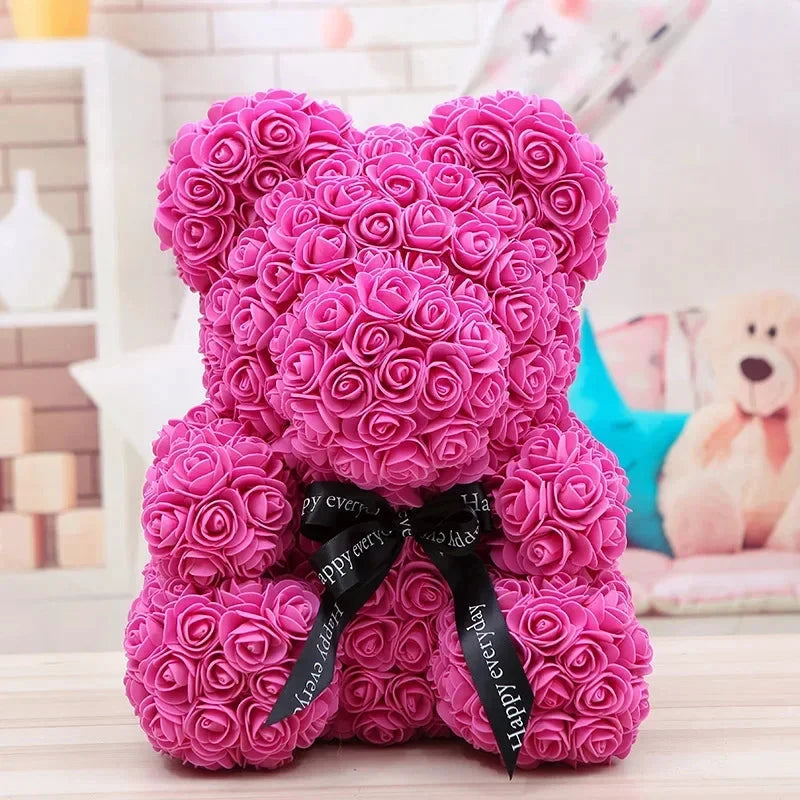 Ourson en roses éternelles avec boîte – 40 cm