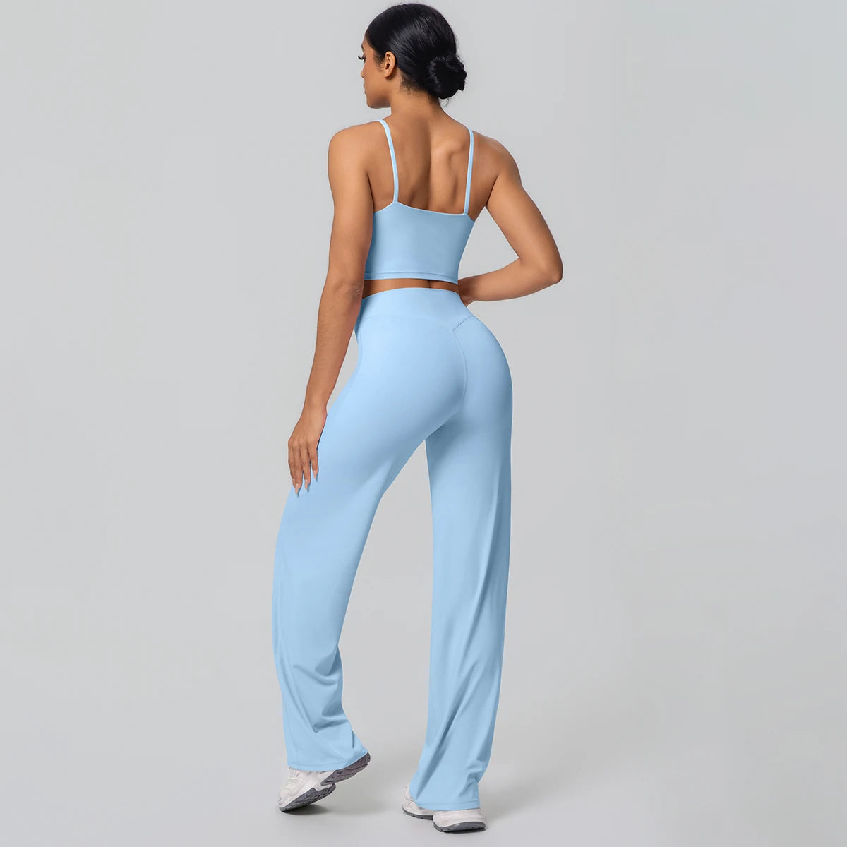 Ensemble Sport Femme Bleu Clair Dos Nu Bretelles Pantalon Taille Haute