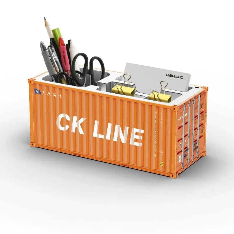 Organisateur bureau porte-stylos en conteneur maritime orange avec bacs et clips