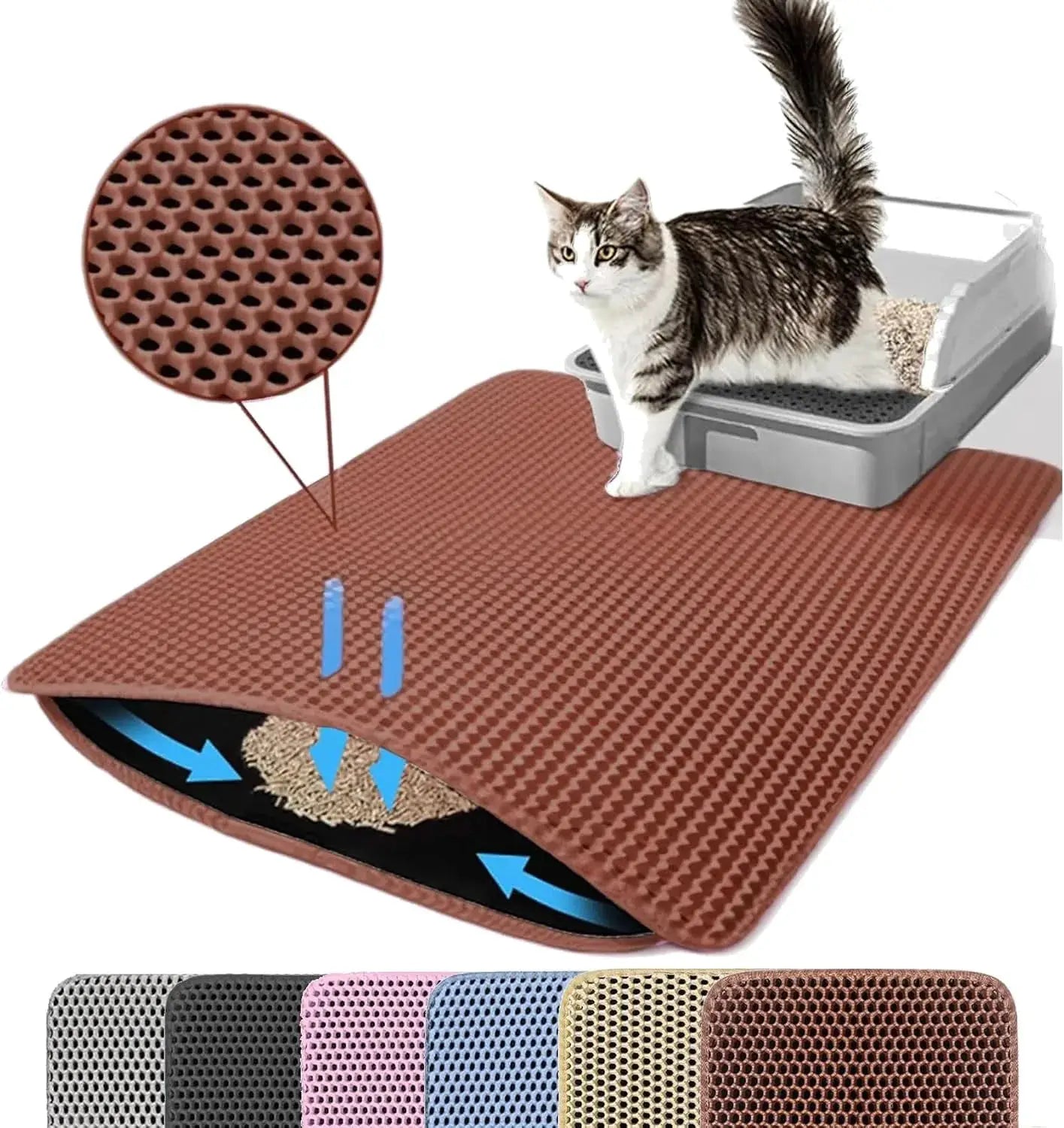 Tapis de litière pour chat, double couche antidérapant, marron, imperméable et durable
