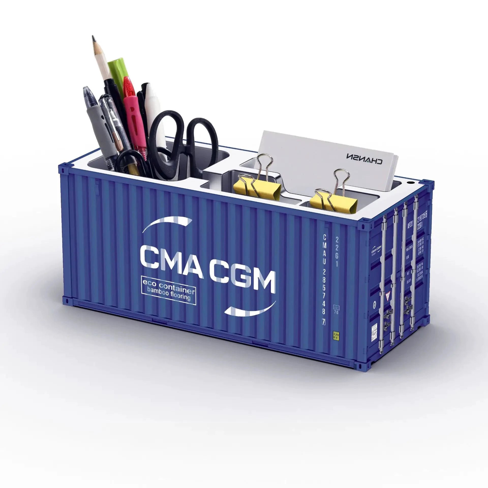 Porte-stylos conteneur maritime bleu, organisateur bureau LSDLBoutique; stylos et ciseaux visibles