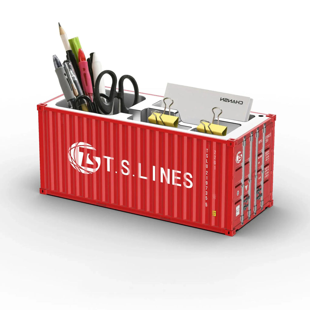 Porte-stylos rouge en conteneur maritime, organiseur bureau avec compartiments pour stylos, ciseaux et trombones
