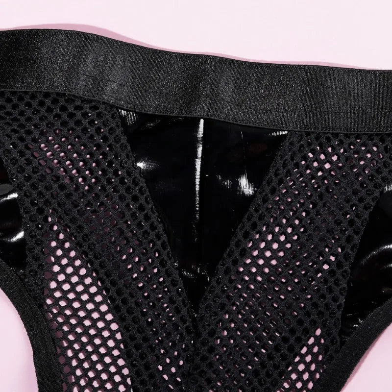 Tornova Lingerie Black Patchwork PU Lace-Up Bustier and Panties