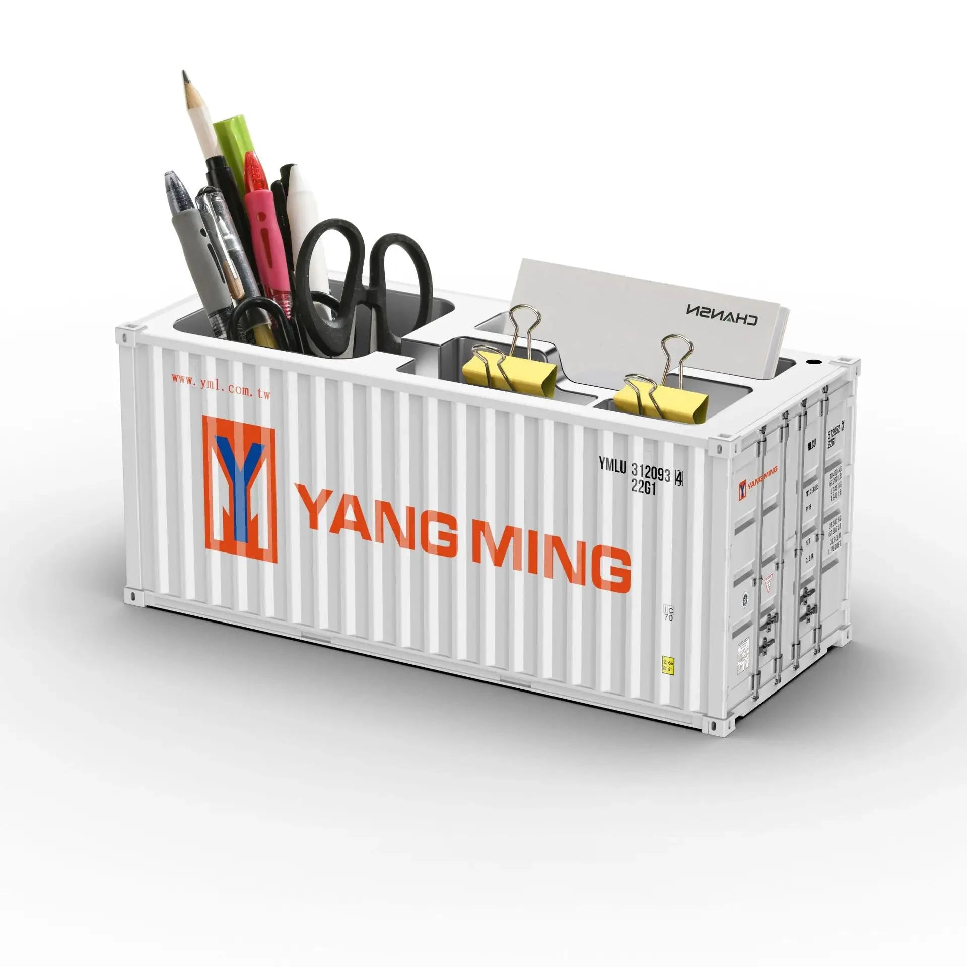 Organisateur bureau porte-stylo conteneur maritime blanc avec stylos, ciseaux et logo Yang Ming