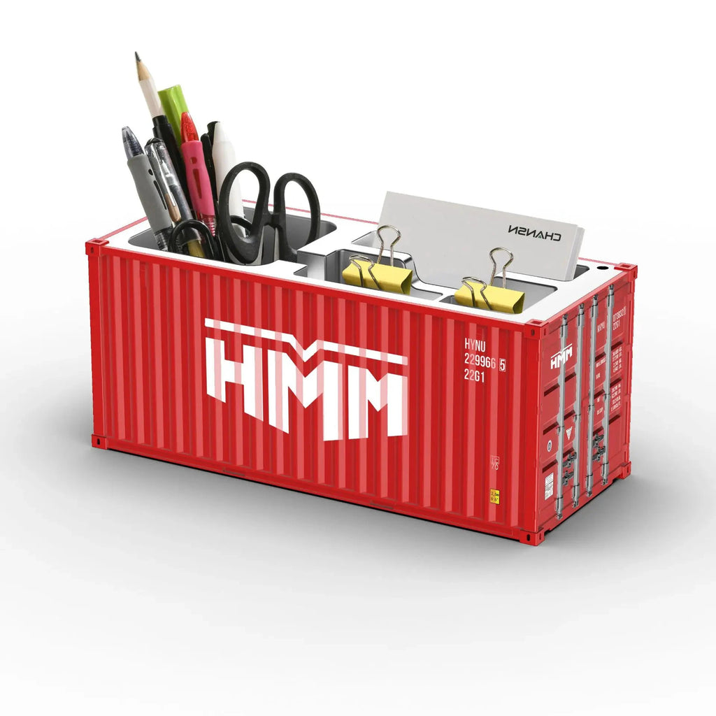 Porte-stylos conteneur maritime rouge HM, organisateur bureau avec stylos et fournitures