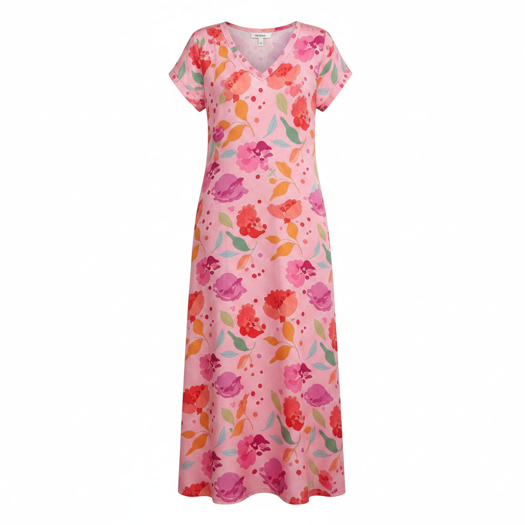Women's Floral Summer Long Dress, V-Neck Short Sleeve Casual Beach Style with Side Slit