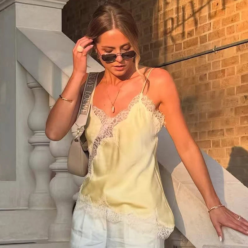 HXAO Camisole À Bretelles Satin Polyester Dentelle Jaune Pâle