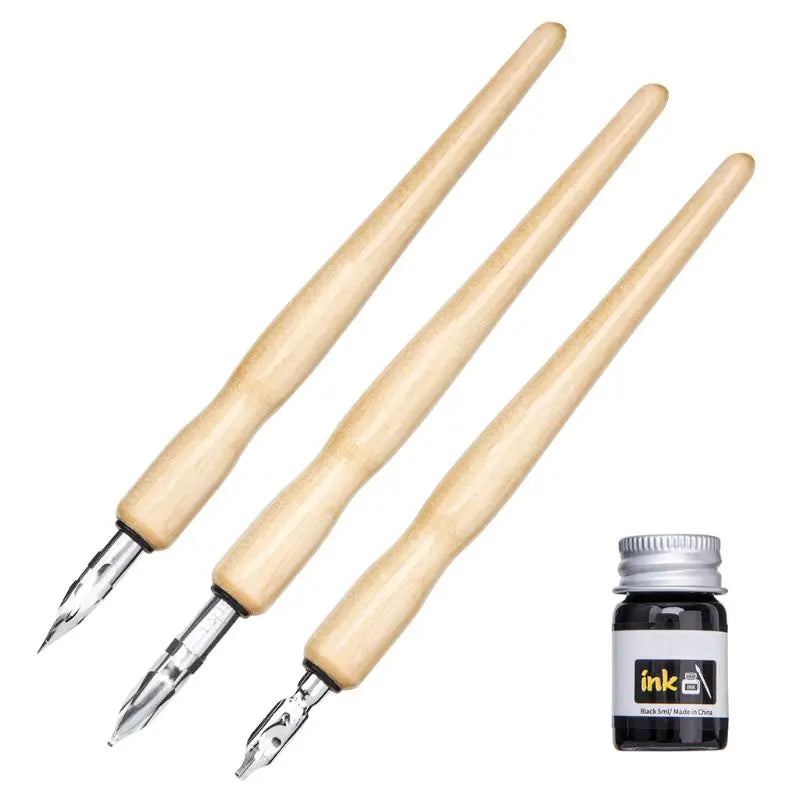 Kit calligraphie manga – 3 plumes acier, porte-plume bois