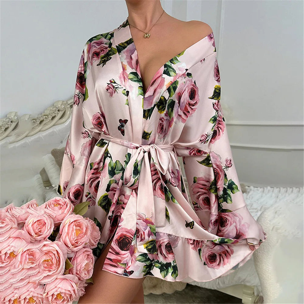 Les Secrets De Léa Robe Kimono Satin Imprimé Fleurs