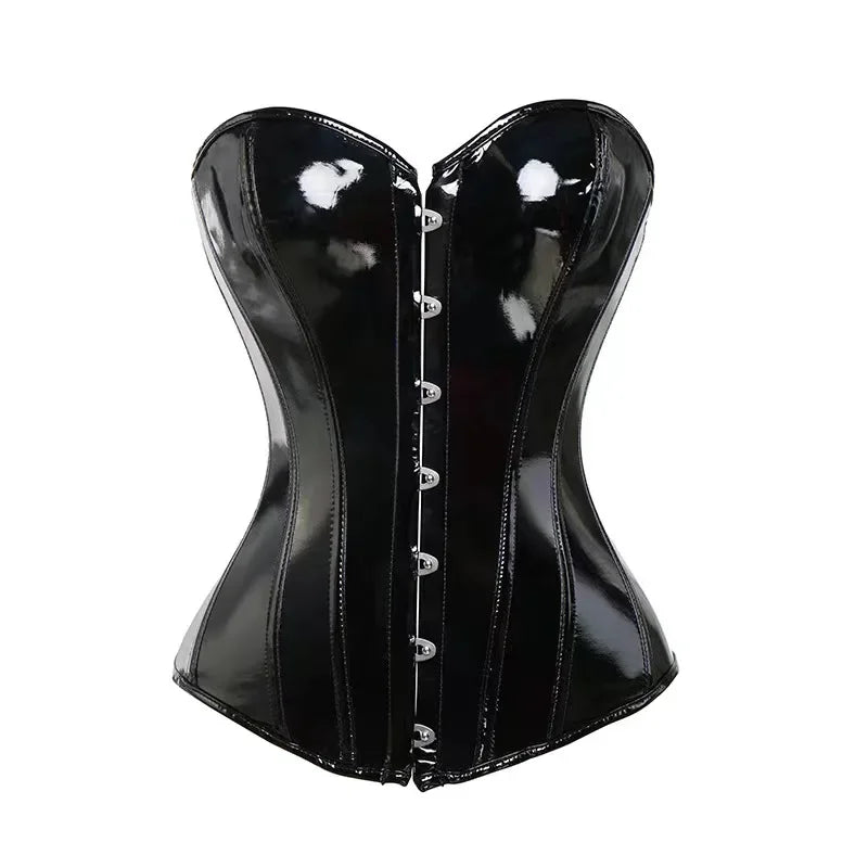 Black Vinyl Overbust Corselet – Front Zip, Back Lacing