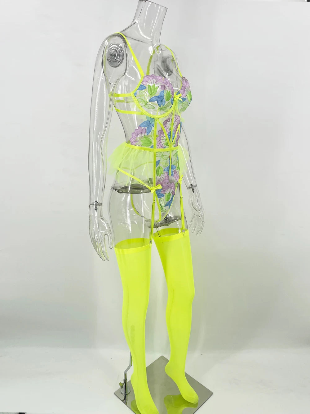 Toucheart Dessous-Set, bestickter rückenfreier BH, Neongelb