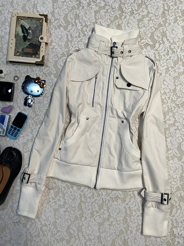 Veste Blanche À Col Montant Streetwear Zip Fermeture Zippée Polyester Non Tissé Pour Printemps Été Moderne by LSDLBoutique