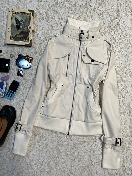 Veste Blanche À Col Montant Streetwear Zip Fermeture Zippée Polyester Non Tissé Pour Printemps Été Moderne by LSDLBoutique