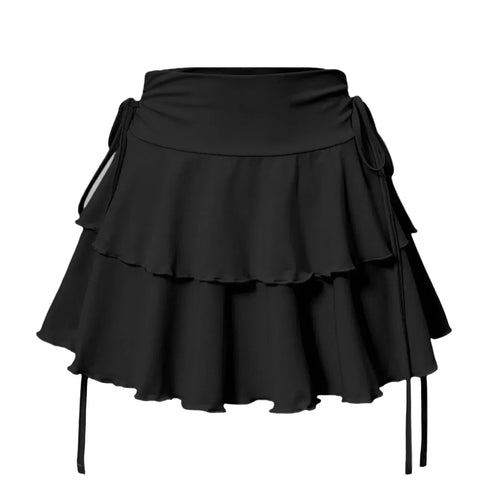 Jupe courte évasée à taille haute Cherry Aka noir, volants en couches et liens latéraux