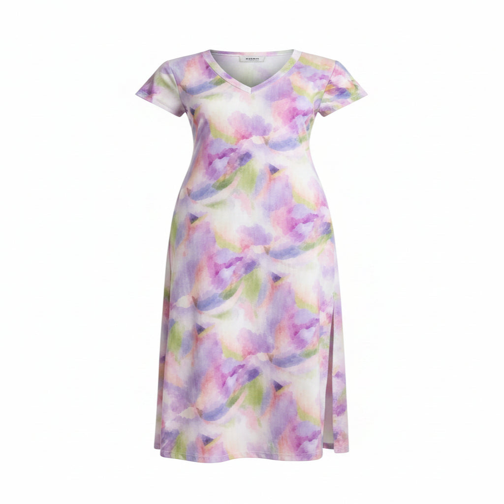 Damen Bohemian Blumen Maxikleid, V-Ausschnitt, kurze Ärmel, seitlicher Schlitz, Freizeitkleid für Strand und Reisen