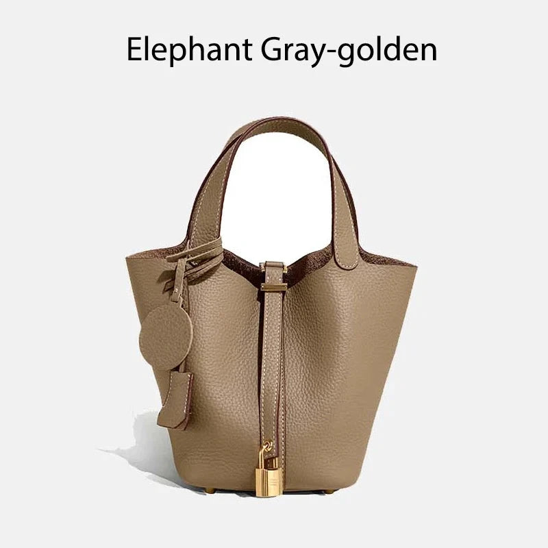Sac à main seau Mendy en cuir véritable, couleur Elephant Gray-golden, bucket bag.