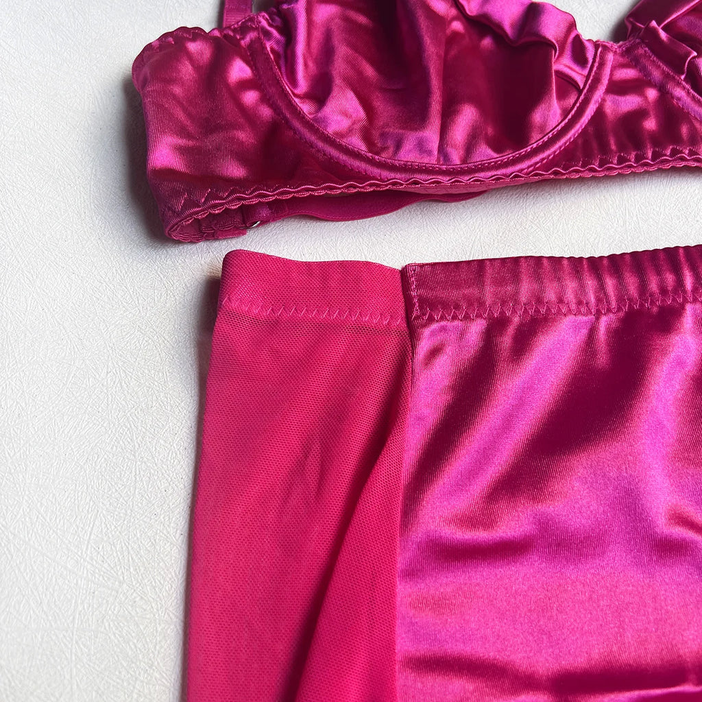 Ellolace Dessous-Set, feiner Satin und Spitze, Rot, 5-teilig