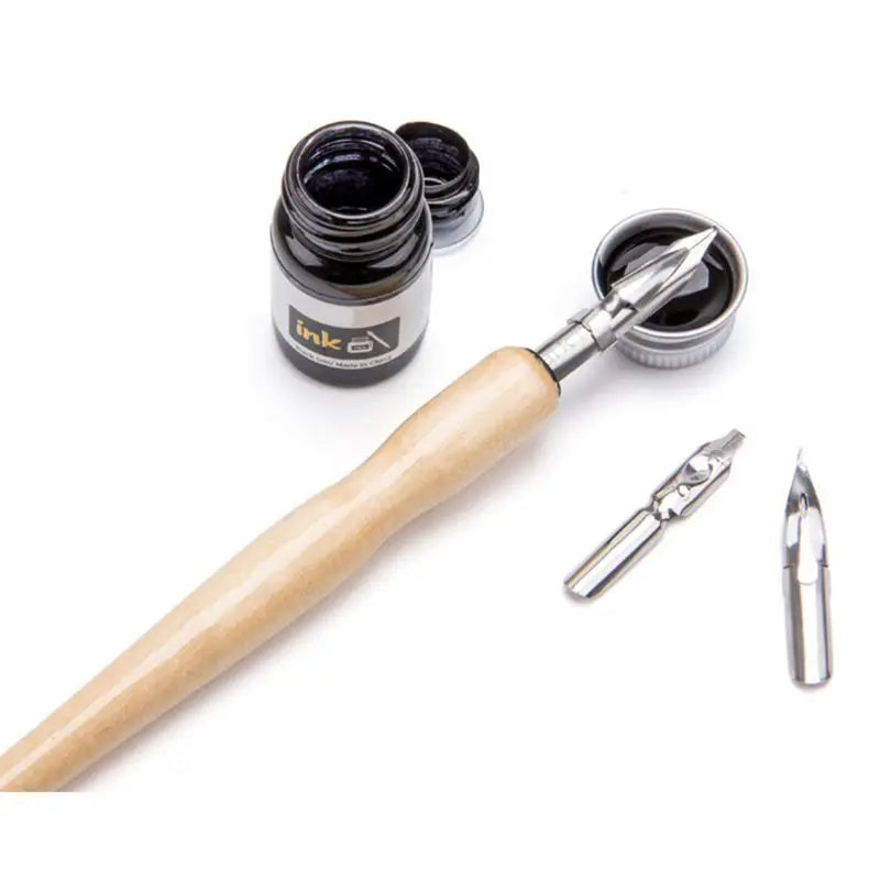 Kit calligraphie manga – 3 plumes acier, porte-plume bois