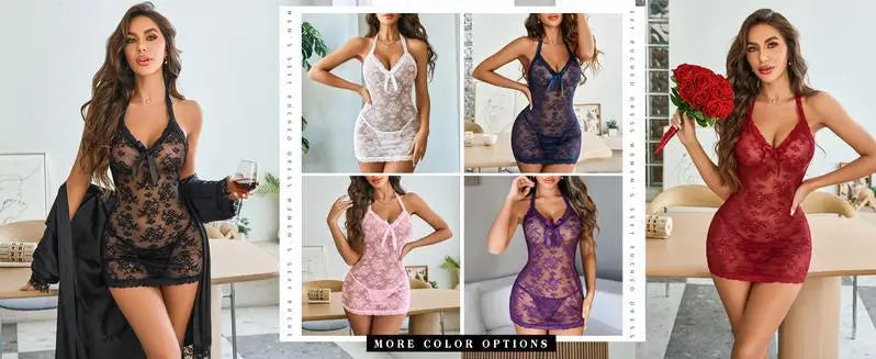 Chemise Lingerie Dentelle Noire Transparente Avec Perles Licou