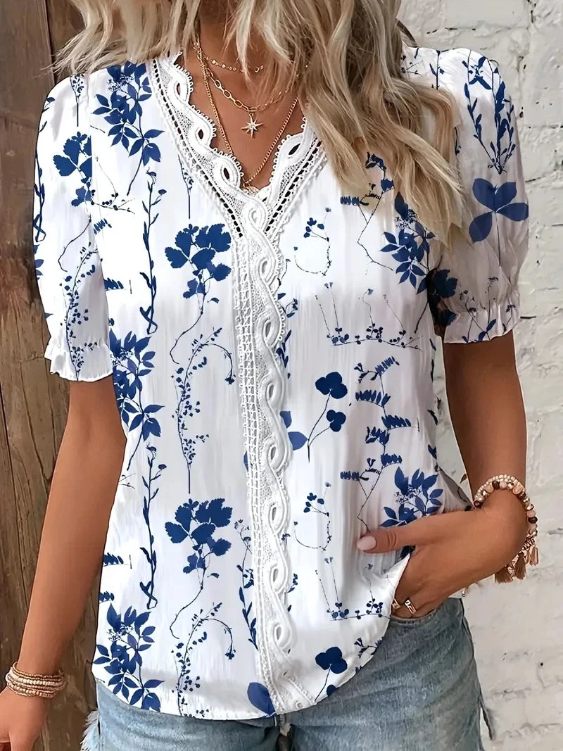 Chemise Décontractée Col V Ajourée Jacquard Floral Été
