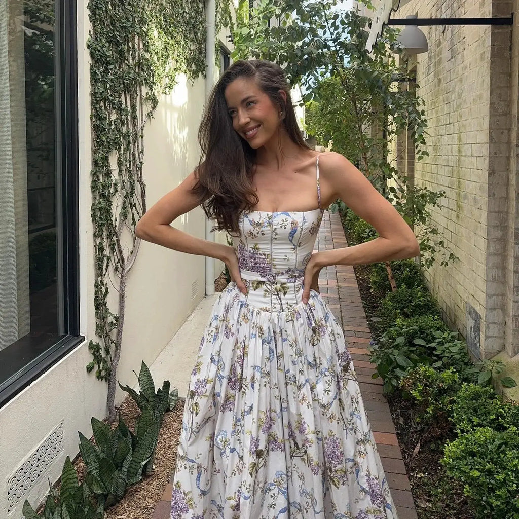 Robe Maxi Imprimée Fleurie Bretelles Spaghetti