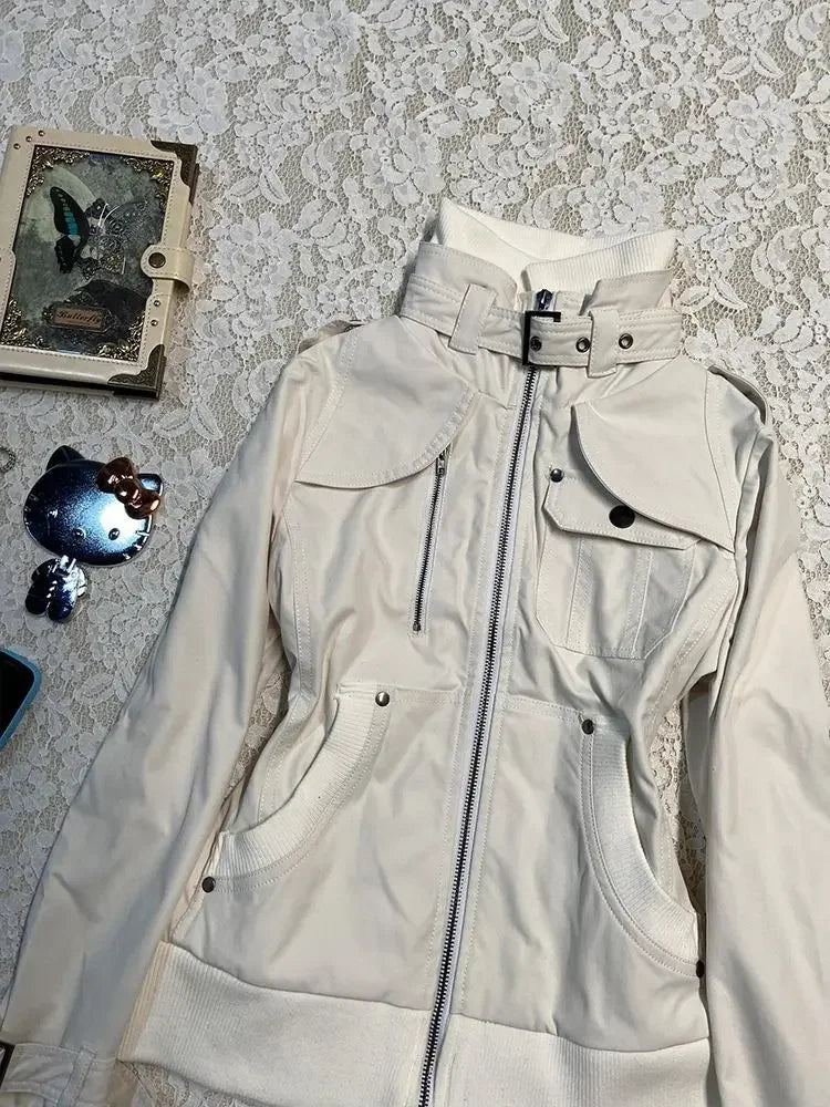 Veste Blanche À Col Montant Streetwear Zip Fermeture Zippée Polyester Non Tissé Pour Printemps Été Moderne by LSDLBoutique
