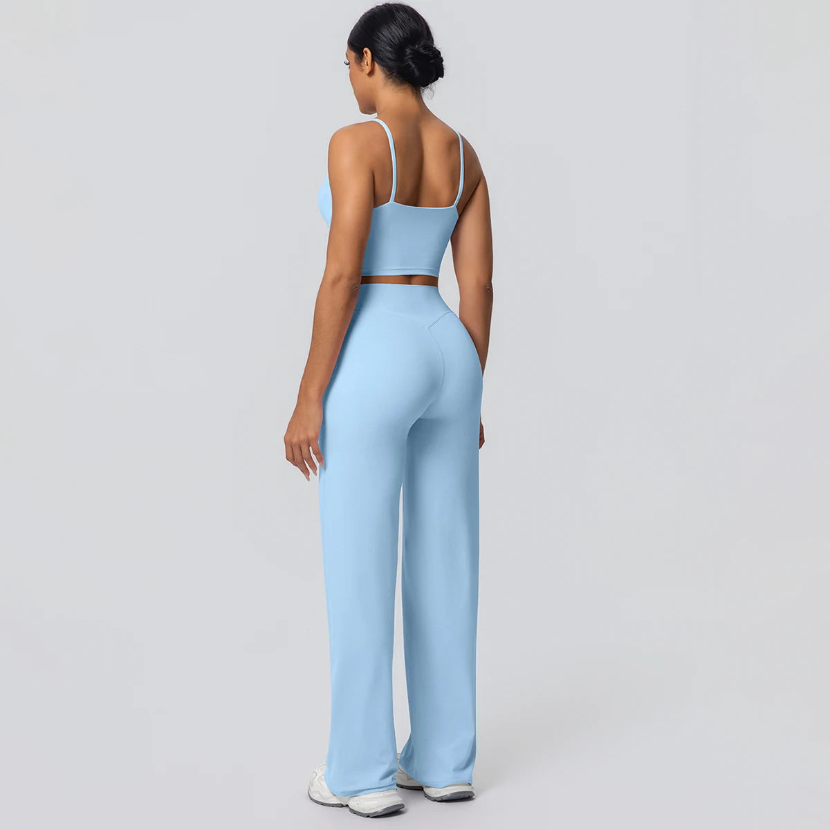 Ensemble Sport Femme Bleu Clair Dos Nu Bretelles Pantalon Taille Haute