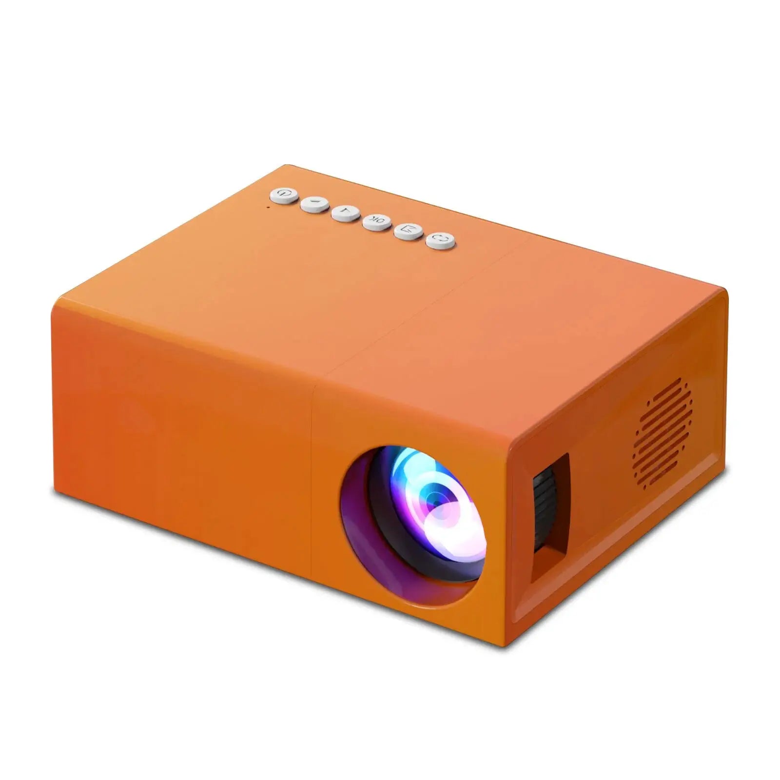 Mini projecteur LED portable Salange orange avec boutons blancs sur le dessus et lentille lumineuse
