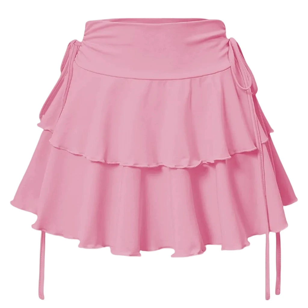 Jupe Cherry Aka rose à taille haute, évasée avec double volants et liens latéraux