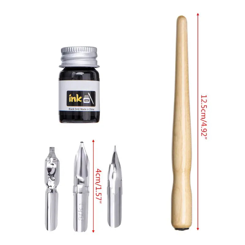 Kit calligraphie manga – 3 plumes acier, porte-plume bois