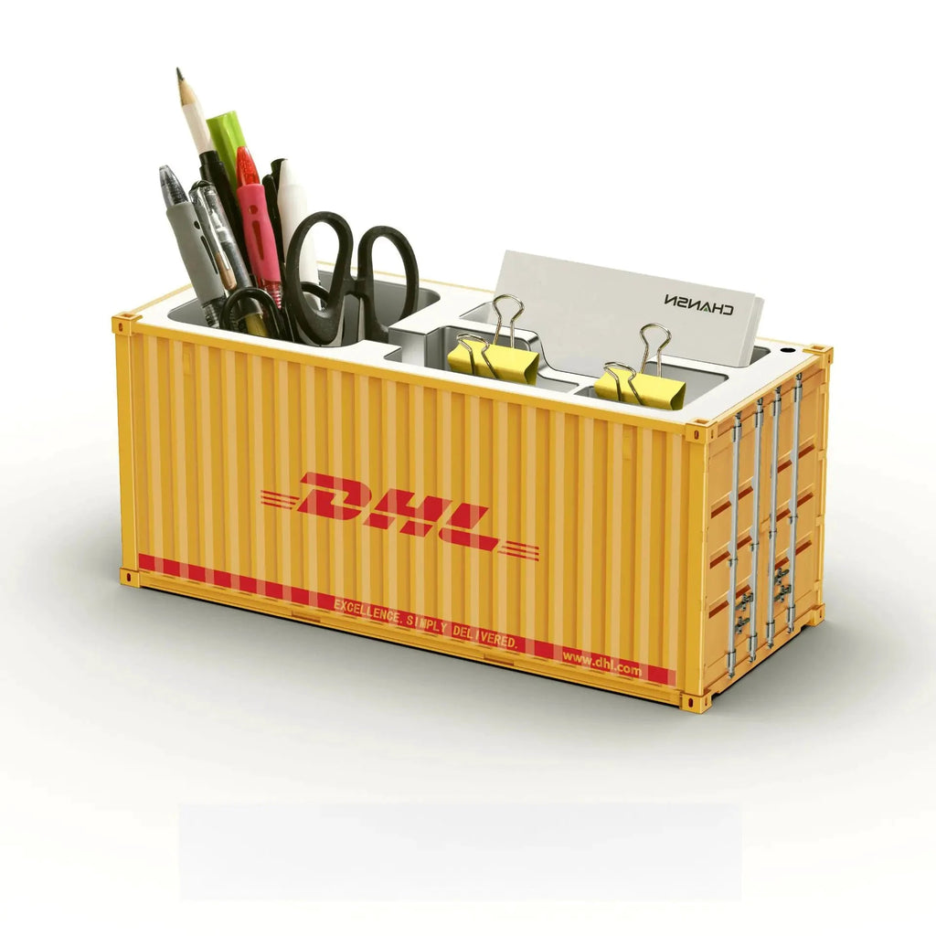 Porte-stylos en forme de conteneur maritime jaune DHL, organisateur de bureau en métal.