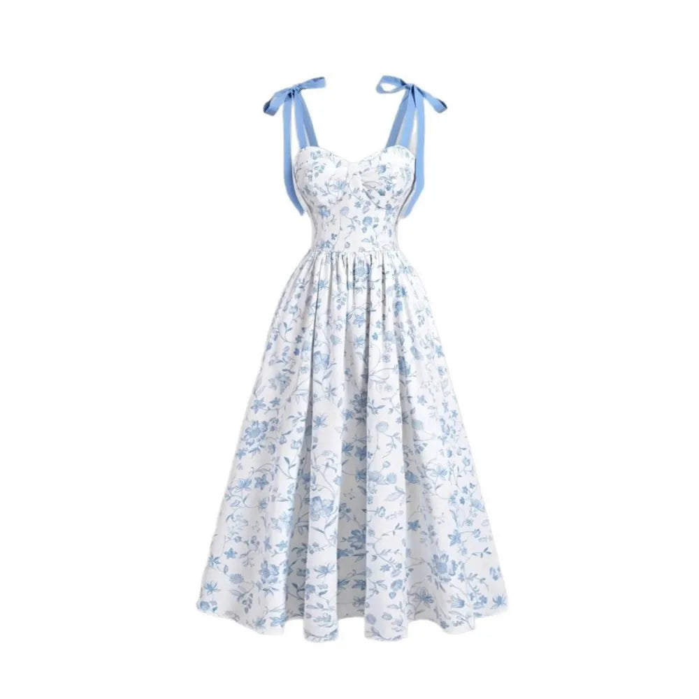 Robe mi-mollet bretelles fines imprimé floral