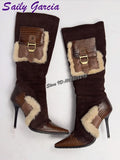 Saily Garcia Bottes Hautes Marron Patchwork Fourrure Bout Pointu Talon Aigu