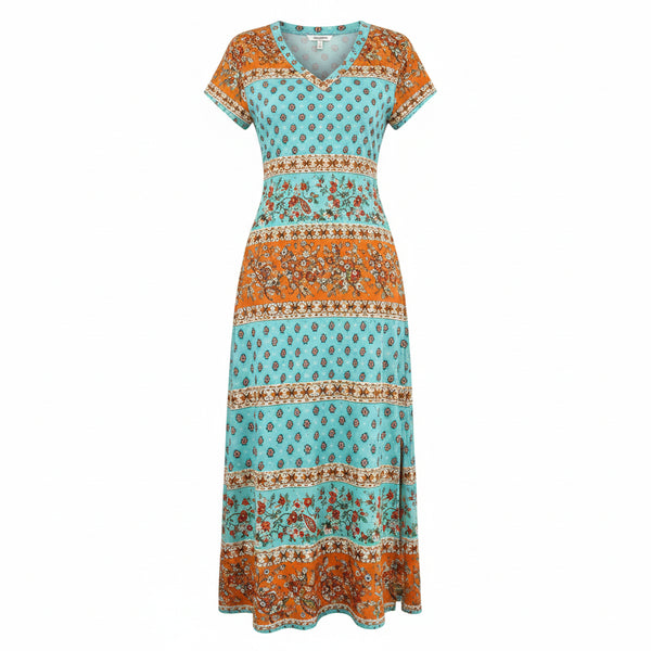 Damen Bohemian Blumen Maxikleid, V-Ausschnitt, kurze Ärmel, seitlicher Schlitz, Freizeitkleid für Strand und Reisen