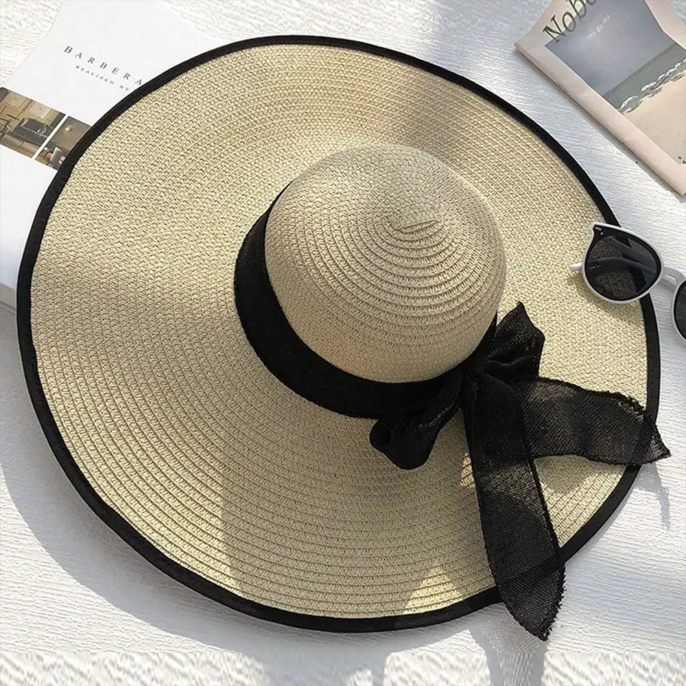 Chapeau de plage en paille à grand bord avec nœud noir décoratif, LSDLBoutique