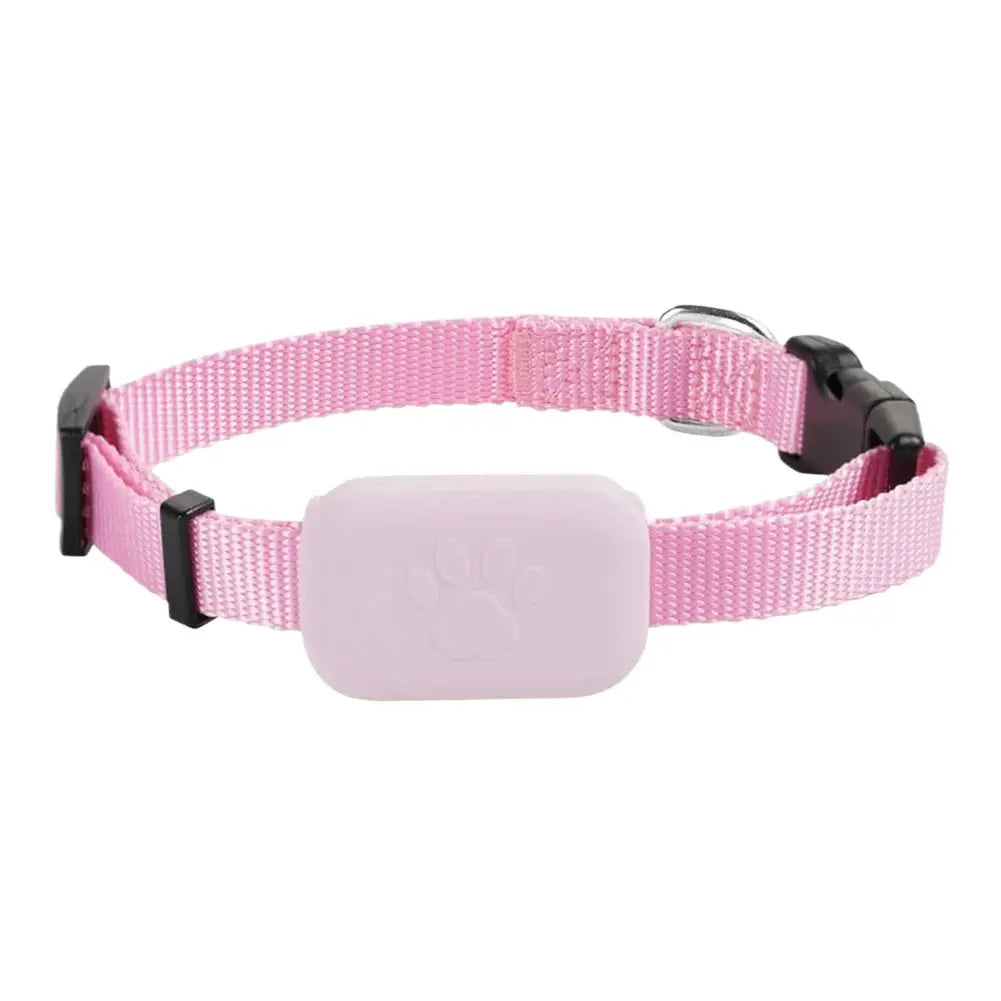 Traceur GPS pour animaux de compagnie sur collier réglable en nylon rose, boîtier rose clair avec empreinte de patte