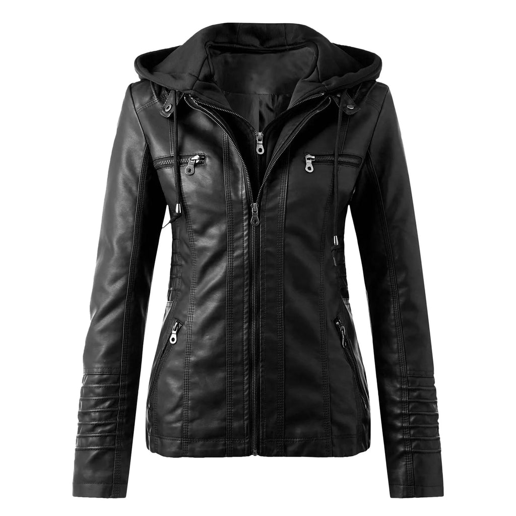 SITMCF Veste Moto Femme PU Cuir À Capuche Fermeture Éclair